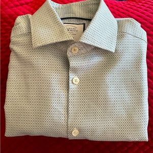 White ground with blue-green box dobby pattern